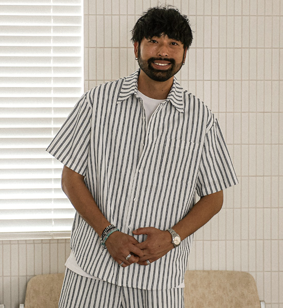 로비사 Stripe a linen shirt+나르피오 Stripe wide fit linen banding pants
