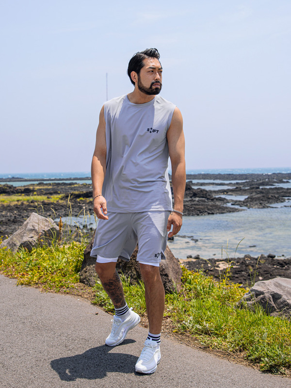 (M-6XL)<BR>크루엘라 Mesh Sleeveless shirts+에어워킹 Mesh Banding Shorts<br><font color="#072c81"><B>[ W.DNA ]</B></font>