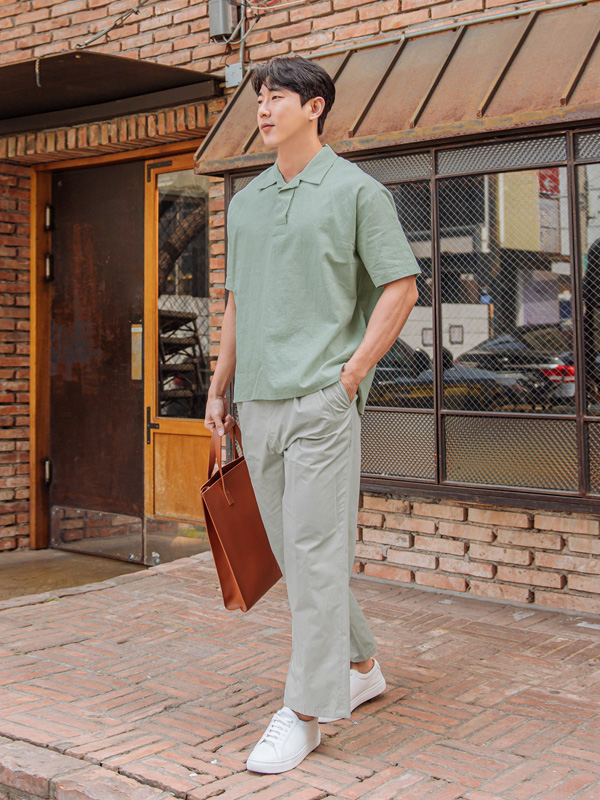 (2XL-5XL)<BR>파인만 Linen open collar short-sleeved shirt