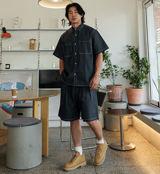 (XL-6XL)<BR>카이토 Linen Non-wash jeans short-sleeved shirt