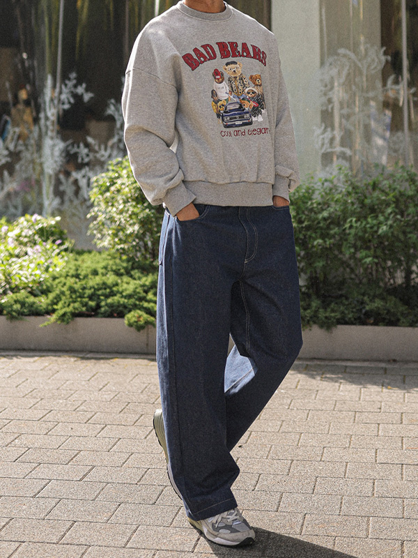 (L-4XL)<BR>바크로 Semi-wide fit Non-faded denim banding pants