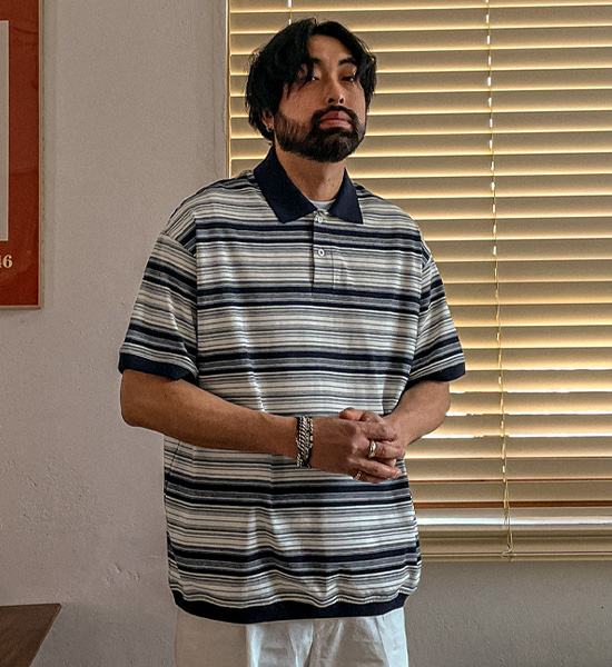 (XL-6XL)<BR>알모라 Stripe short-sleeved collar T-shirt Q88955