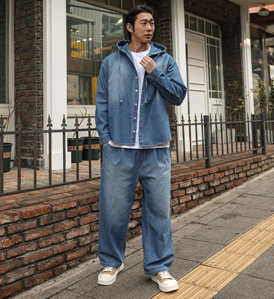 킨소코 후드데님셔츠+라사우스 세미와이드핏<br>데님밴딩팬츠