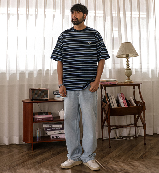 (L-5XL)<BR>바츠카시 stripe Short T shirts