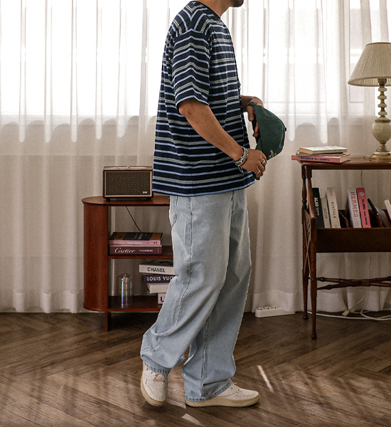 (L-5XL)<BR>바츠카시 stripe Short T shirts