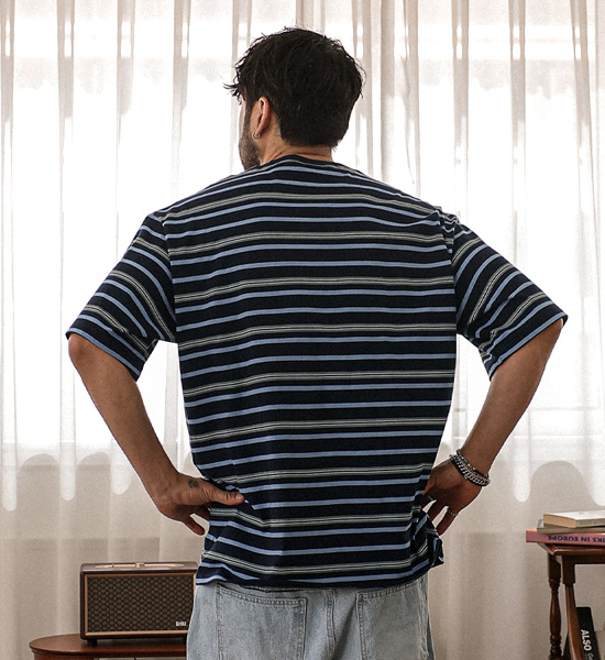 (L-5XL)<BR>바츠카시 stripe Short T shirts