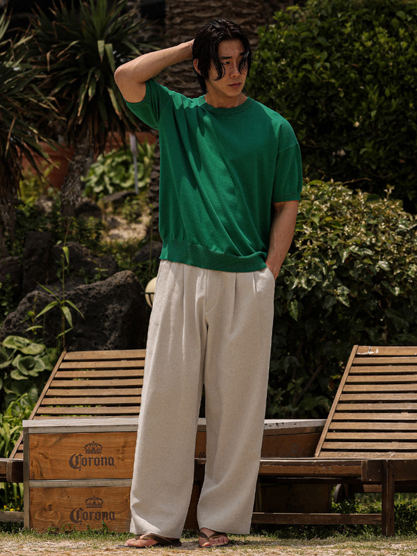 (S-5XL)<BR>발비스 Semi-wide fit Back banding linen slacks