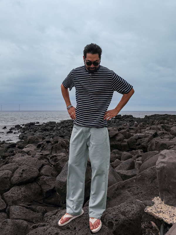 만토바 stripe Henley neck Short T shirts