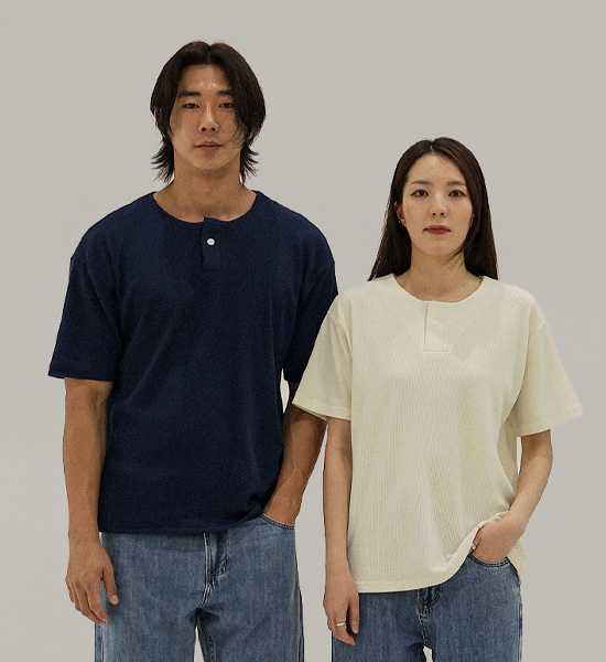 (L-5XL)<br>벨론 Henley neck Short T shirts<br><font color="#fb5ec9"><B>[1+1]</B></font>
