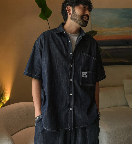 (XL-6XL)<br>스호턴 Non-wash jeans short-sleeved shirt+스프리몽 Non-wash jeans Bermuda Banding Shorts