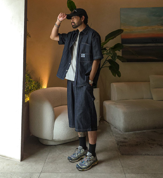 (XL-6XL)<br>스호턴 Non-wash jeans short-sleeved shirt+스프리몽 Non-wash jeans Bermuda Banding Shorts