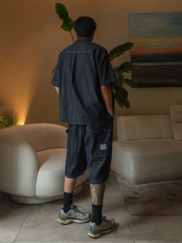 (XL-6XL)<br>스호턴 Non-wash jeans short-sleeved shirt+스프리몽 Non-wash jeans Bermuda Banding Shorts