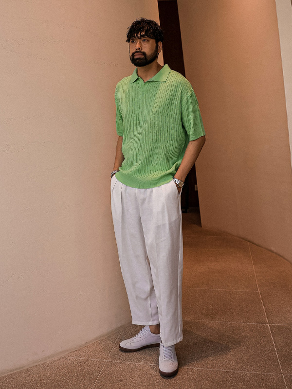 (L-5XL)<BR>마가니 Open Collar short-sleeved knitwear