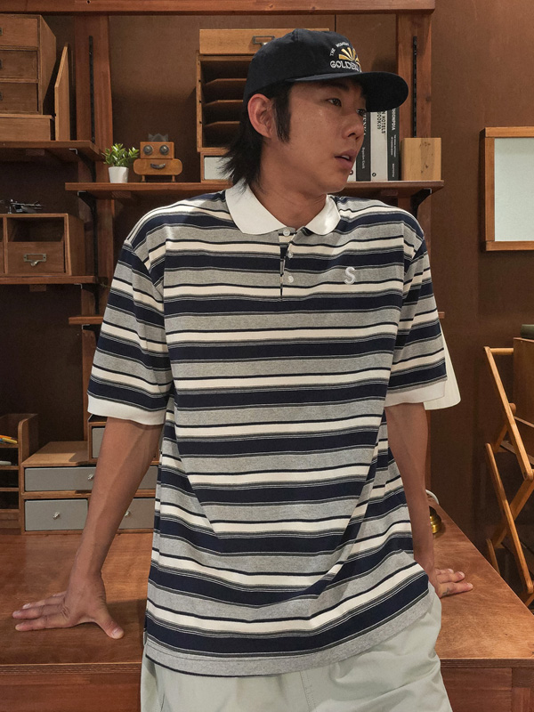 (L-5XL)<BR>바트할 stripe short-sleeved collar T-shirt