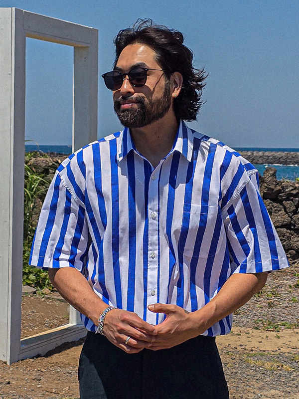 (L-5XL)<BR>타마두 Stripe short-sleeved shirt
