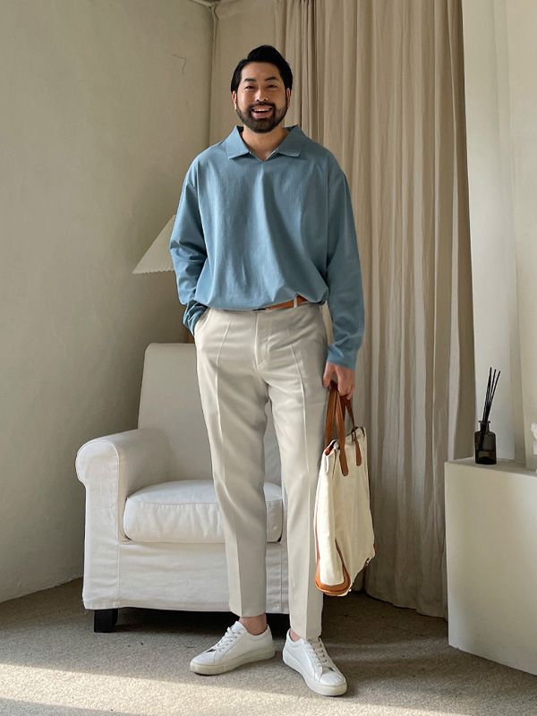 (L~5XL)<BR>모아라사 Open Collar a long-sleeved t-shirt