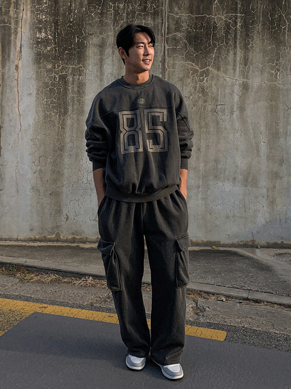(XL-6XL)<Br>아타코차 pigment a napping sweatshirt+트랑콘 Semi-wide fit pigment cargo-banding 기모팬츠