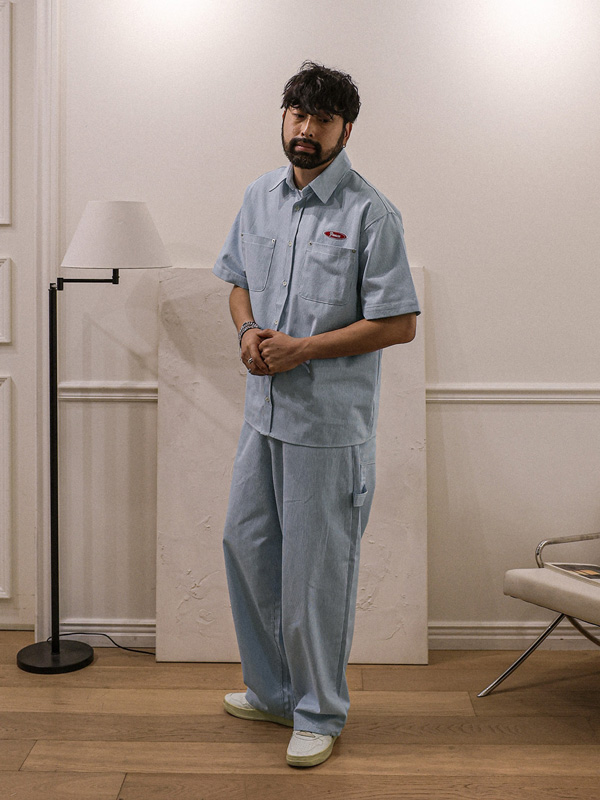 코로겐 Stripe denim short-sleeved shirt+비첸 Semi-wide fit Back banding denim pants