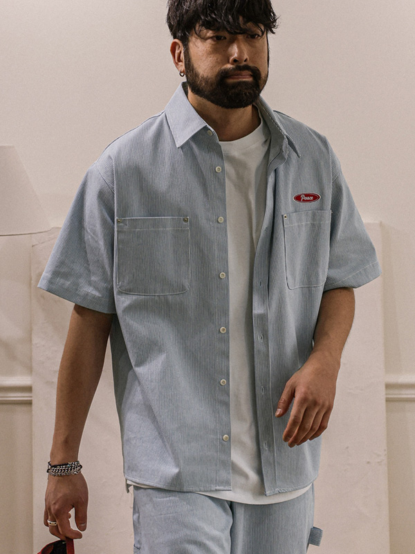 (M-5XL)<BR>코로겐 Stripe denim short-sleeved shirt
