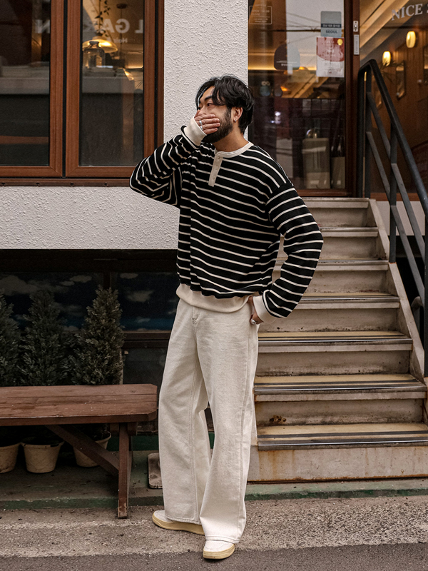 (L-4XL)<BR>카르날 stripe Henley neck man-to-man T