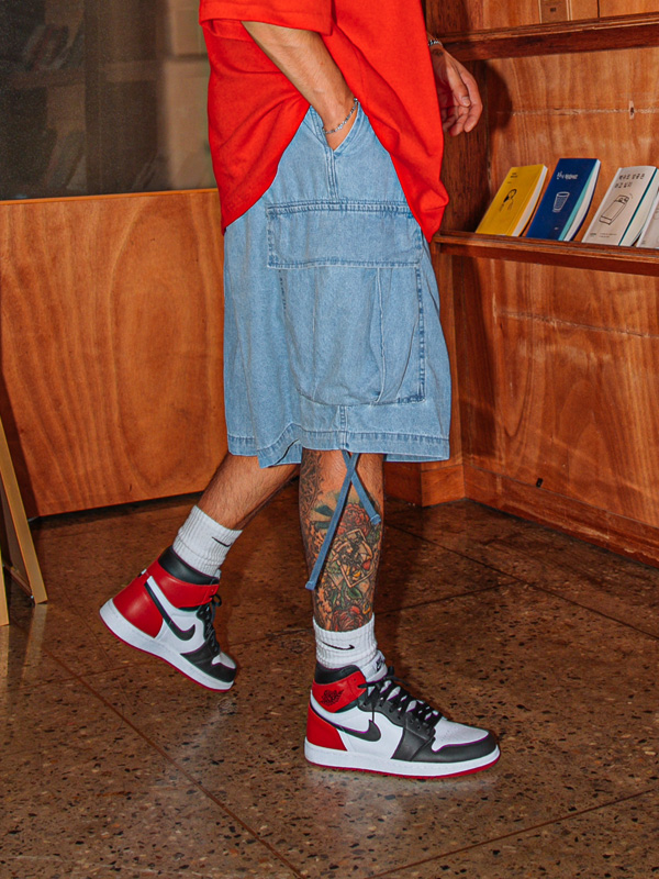 (XL-6XL)<BR>굴프 Denim Cargo Banding Shorts