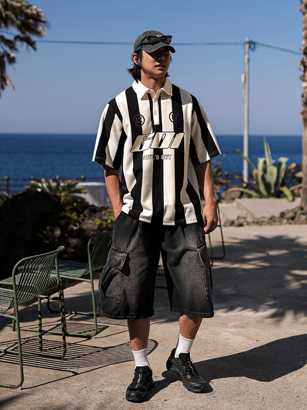 (L-5XL)<br>피번 Stripe short-sleeved collar T-shirt 601