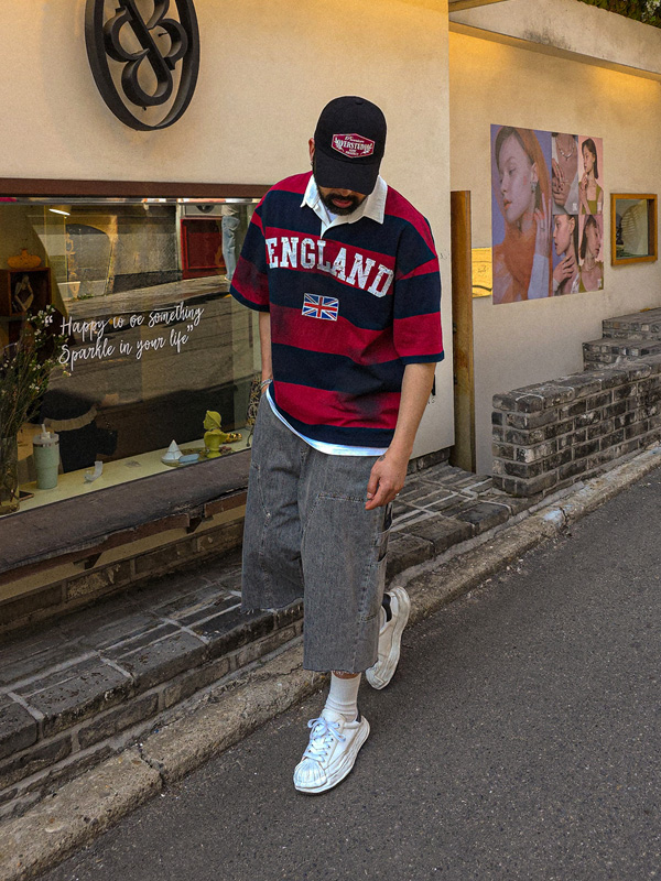 르자브카 stripe short-sleeved collar T-shirt