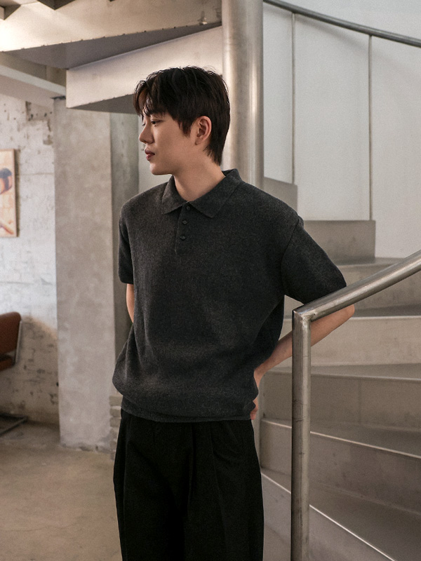 통크 Linen short-sleeved collar knitwear