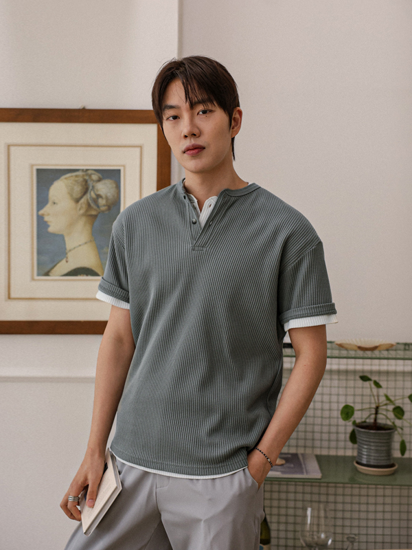 더뷰크 Henley neck Short T shirts