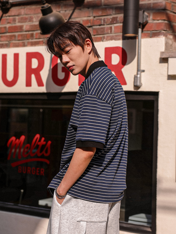 팝타르 stripe short-sleeved collar T-shirt