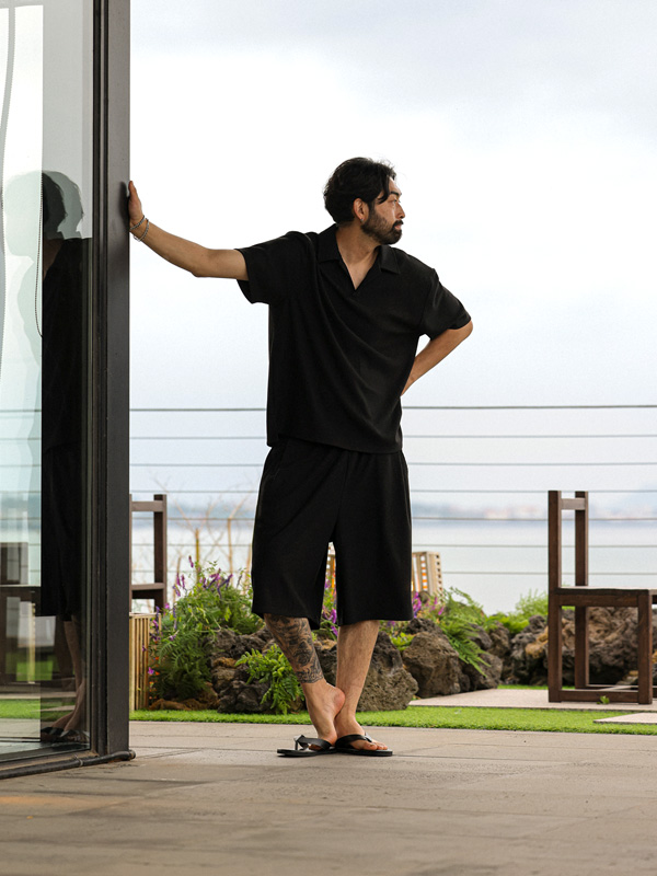 [SET](L-7XL)<br>무티뉴 Pleats short-sleeved collar T-shirt S021-T+비티냐 Pleats Banding Shorts S021-P