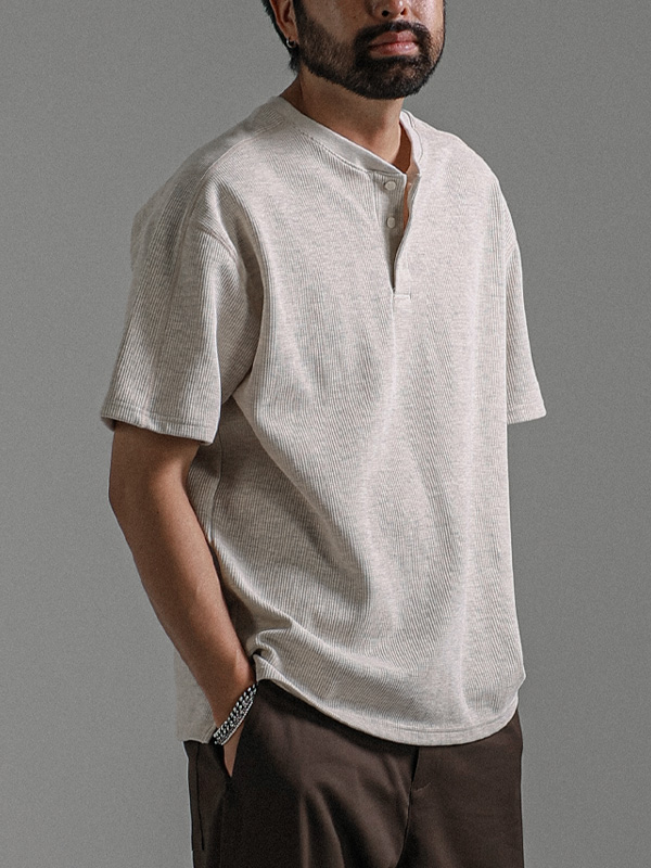 (L-5XL)<BR>로우링스 Henley neck Waffle short-sleeved T-shirt T075