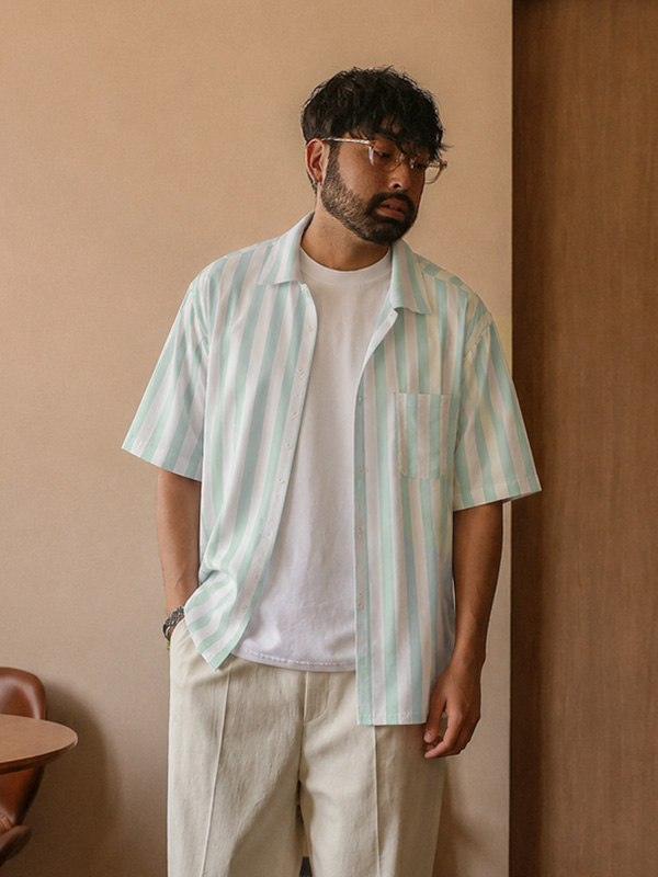 (L-5XL)<BR>타마두 Stripe short-sleeved shirt