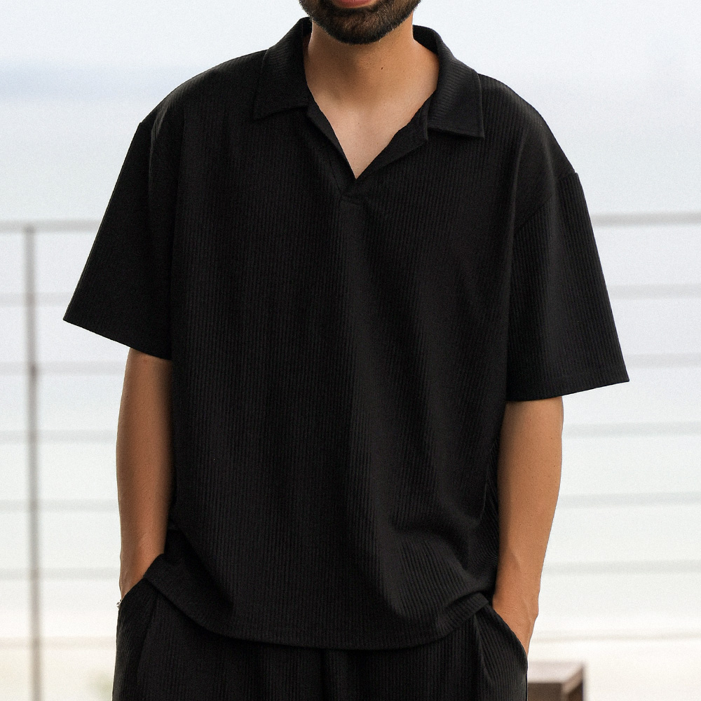 (L-7XL)<br>무티뉴 Pleats short-sleeved collar T-shirt