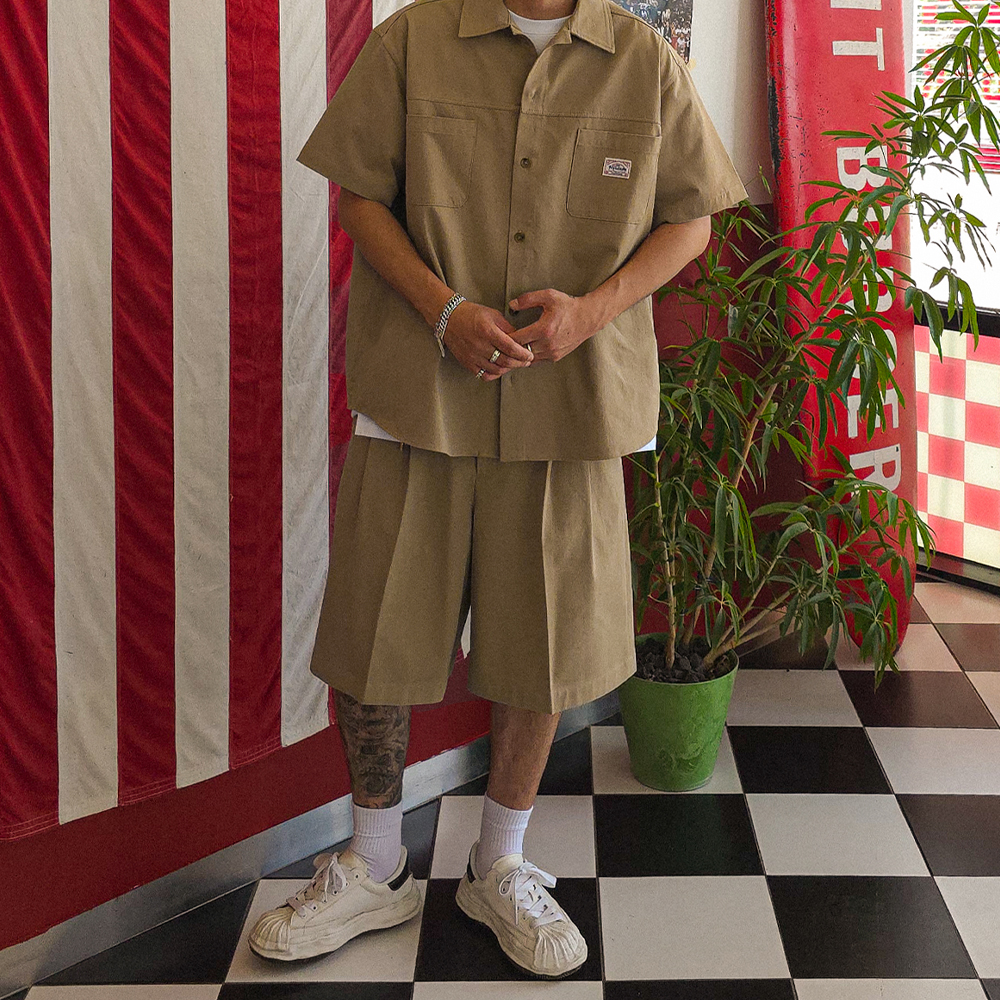 [SET](XL-6XL)<br>라이네스 절개반팔셔츠 + 알칸타르 핀턱 Bermuda Shorts