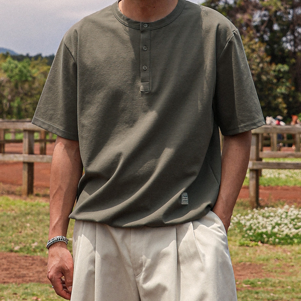 (M-6XL)<br>톰마시 넣은척 Henley neck 분또반팔티