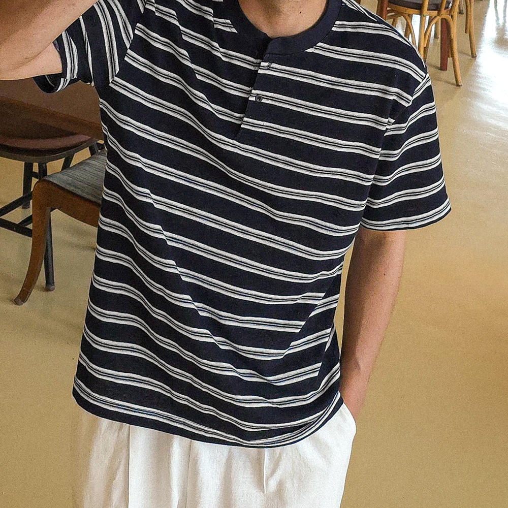 (L-5XL)<br>테루나스 Stripe Henley neck short-sleeved knitwear 61810