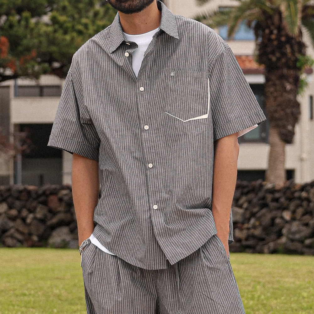(L-7XL)<br>메드퍼드 Stripe short-sleeved shirt