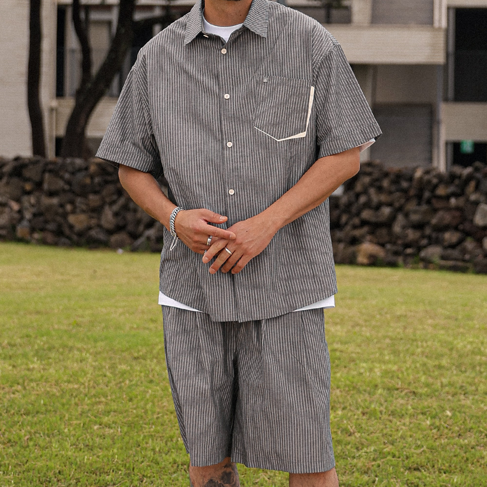 [SET](L-7XL)<br>메드퍼드 Stripe short-sleeved shirt + 슬링키 Stripe Banding Shorts