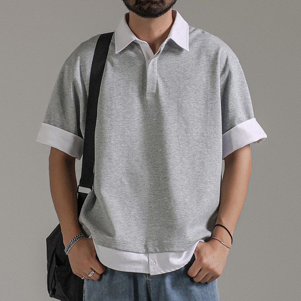 (L-7XL)<BR>리번어스 layered short-sleeved collar T-shirt