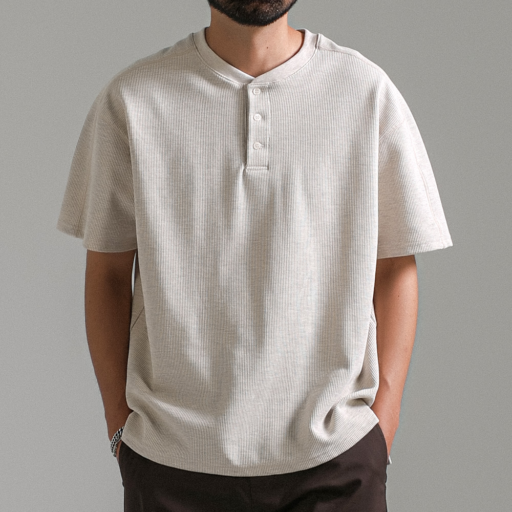 (L-5XL)<BR>로우링스 Henley neck Waffle short-sleeved T-shirt