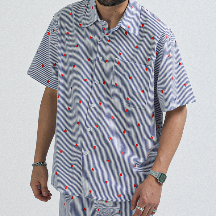 (L-7XL)<BR>하트스톤 Stripe short-sleeved shirt
