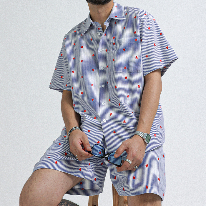 [SET](L-7XL)<br>하트스톤 Stripe short-sleeved shirt + 아비뇽 Stripe Banding Shorts
