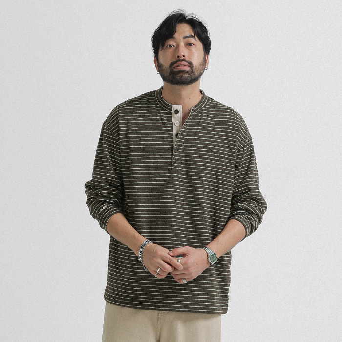 (L-7XL)<BR>비드지스 stripe Henley neck a long-sleeved t-shirt
